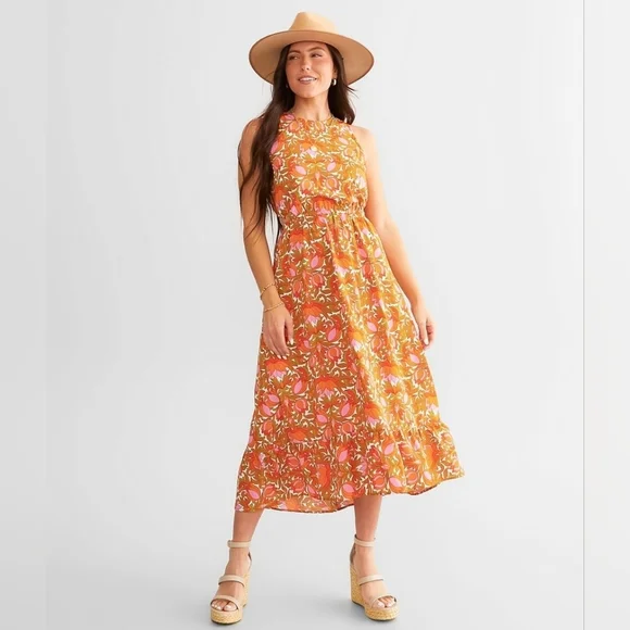 NWT Willow Root Floral Orange Midi Cutout Dress Size Large 9/10 - Picture 13 of 16